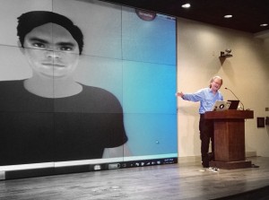 Bruce Sterling with Alan Turing bot at the Turing Centenary Symposium