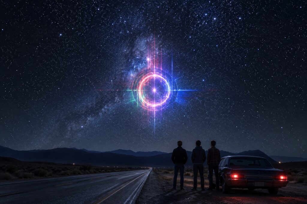 Image of three young men watching the sky.